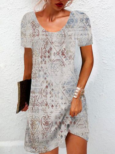 Ethnic Print Short Sleeve Round Neck Dress - Just Fashion Now - Modalova