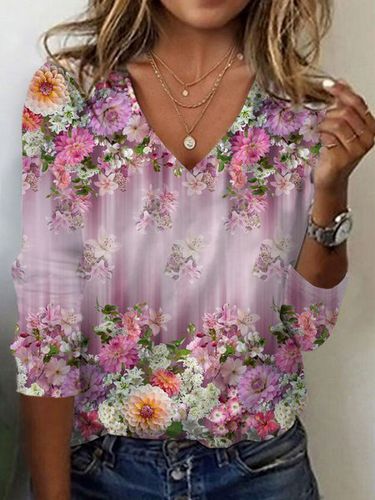 Floral Print Long Sleeve V-Neck T-shirt - Just Fashion Now - Modalova