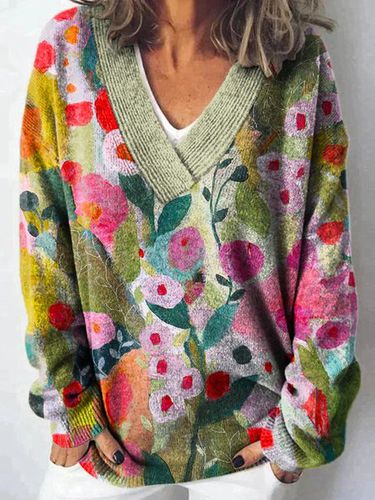 Dark floral V-neck casual pullover sweater - Just Fashion Now - Modalova