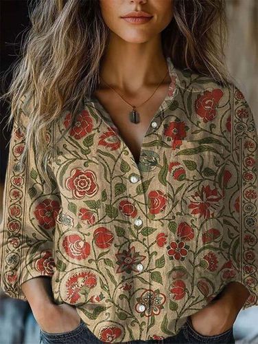 Vintage Folk Floral Art Print Long Sleeve Comfortable Cotton Shirt - Just Fashion Now - Modalova