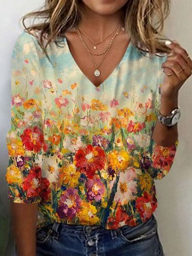 Floral Print Long Sleeve V-Neck T-shirt - Just Fashion Now - Modalova