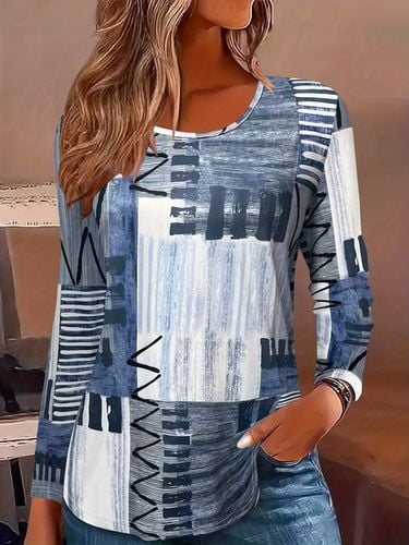 Geometric Print Long Sleeve Crew Neck T-shirt - Just Fashion Now - Modalova