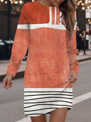 Geometric Print Long Sleeve Crew Neck Dress - Just Fashion Now - Modalova