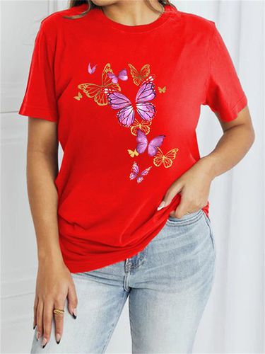 Women's Short Sleeve T-shirt Summer Black Butterfly Cotton-Blend Crew Neck Daily Going Out Casual Top - Just Fashion Now - Modalova