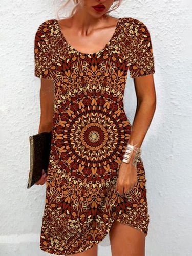 Ethnic Print Short Sleeve Crew Neck Dress - Just Fashion Now - Modalova