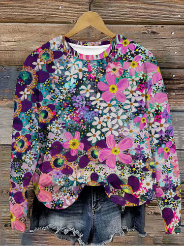 Floral Print Long Sleeve Crew Neck Sweatshirt - Just Fashion Now - Modalova