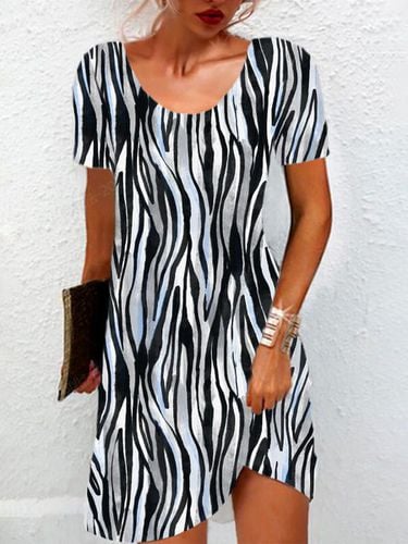 Zebra Print Short Sleeve Crew Neck Dress - Just Fashion Now - Modalova