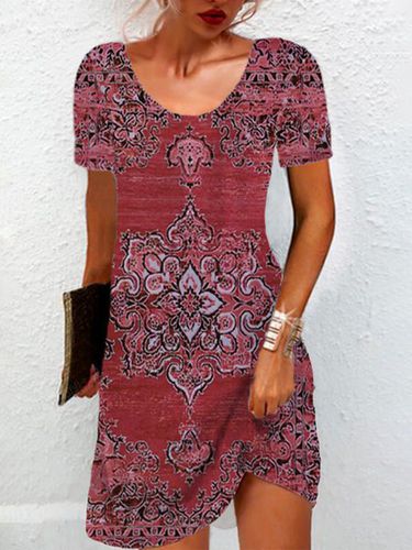 Ethnic Print Short Sleeve Round Neck Dress - Just Fashion Now - Modalova