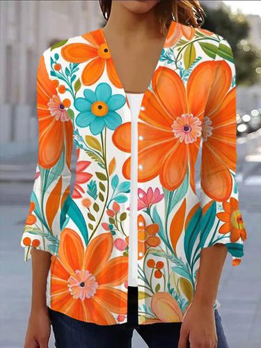 Floral Print Long Sleeve Shawl Jacket - Just Fashion Now - Modalova