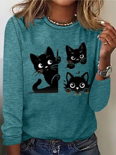 Cat Print Casual T-Shirt - Just Fashion Now - Modalova