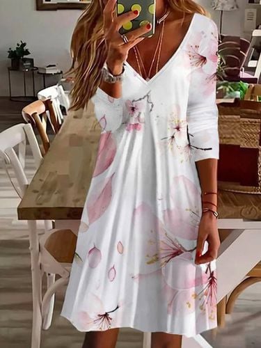 Floral Print Long Sleeve V-neck Dress - Just Fashion Now - Modalova