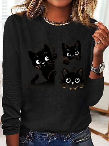 Cat Print Casual T-Shirt - Just Fashion Now - Modalova