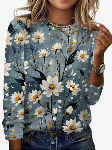 Floral Print Long Sleeve Crew Neck T-shirt - Just Fashion Now - Modalova