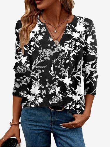 Botanical Pattem Long Sleeve V-neck T-shirt - Just Fashion Now - Modalova