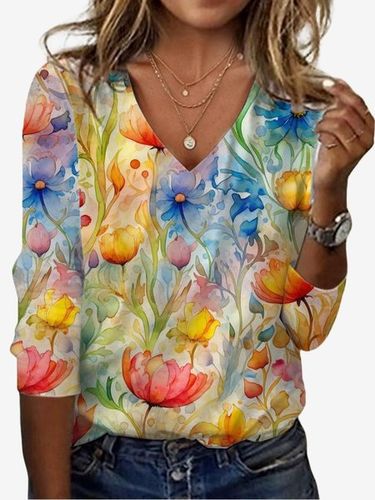 Floral Print Long Sleeve V-Neck T-shirt - Just Fashion Now - Modalova