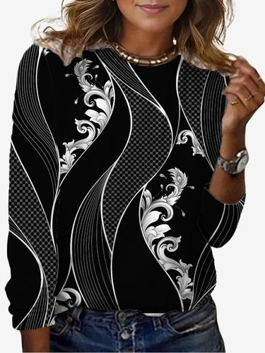 Geometric Print Long Sleeve V-Neck T-shirt - Just Fashion Now - Modalova