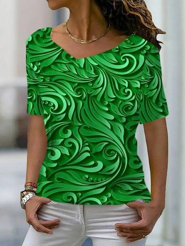 Floral Print Short Sleeve V-Neck T-shirt - Just Fashion Now - Modalova