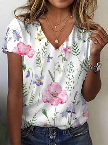 Floral Print Short Sleeve V-Neck T-shirt - Just Fashion Now - Modalova