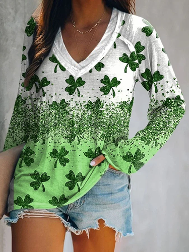 Women's Shamrock St. Patrick's Day Casual Printed Long Sleeve V-Neck Top - Just Fashion Now - Modalova