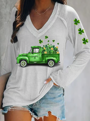 Women's St. Patrick's Day Shamrock Casual Printed Long Sleeve V-Neck Top - Just Fashion Now - Modalova