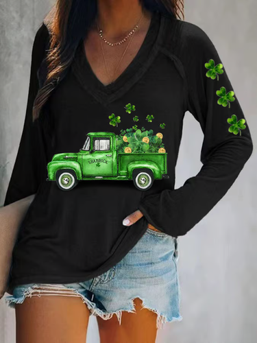 Women's St. Patrick's Day Shamrock Casual Printed Long Sleeve V-Neck Top - Just Fashion Now - Modalova