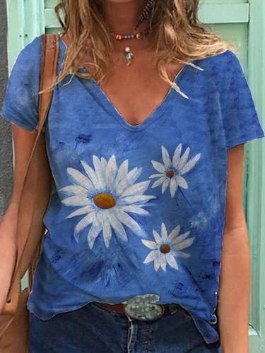 Floral Short Sleeve Casual T-shirt - Modetalente - Modalova
