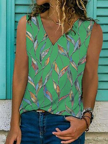 Leaves Sleeveless Printed Cotton-blend V neck Holiday Summer Green Top - Modetalente - Modalova