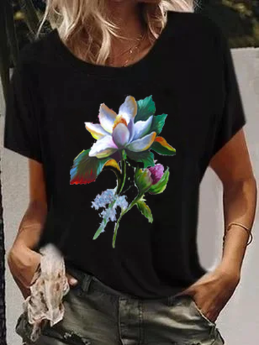 Floral Short Sleeve Scoop Neckline Elegant T-shirt - Modetalente - Modalova