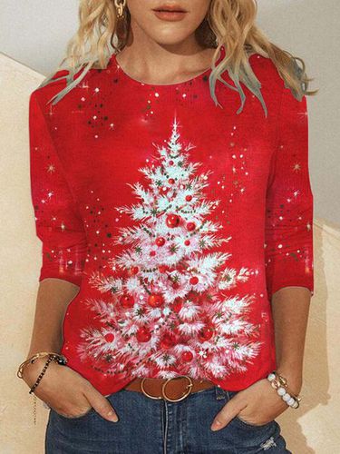 White Christmas Tree On Red Casual Crew Neck Top - Just Fashion Now - Modalova