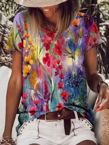 Vacation Casual Floral Pattern Crew Neck T-shirt - Just Fashion Now - Modalova