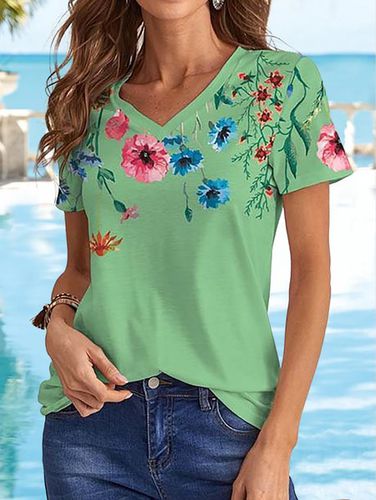 Casual Vacation Floral Printed Short-Sleeve V-Neck T-Shirt - Just Fashion Now - Modalova