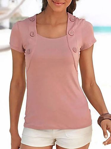 Regular Fit Heart-Shaped Collar Casual Short Sleeve Top - Just Fashion Now - Modalova