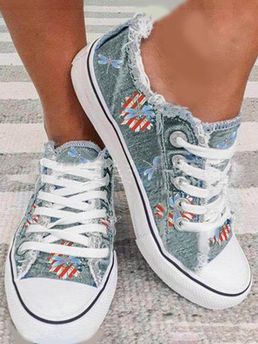 American Flag Dragonfly Lace Up Sneakers Dark Grey Wash Denim Espadrilles - Just Fashion Now - Modalova