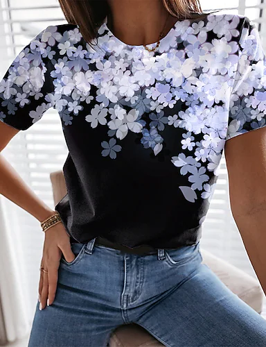 Crew Neck Floral Cotton Blends Short Sleeve T-Shirt - Just Fashion Now - Modalova