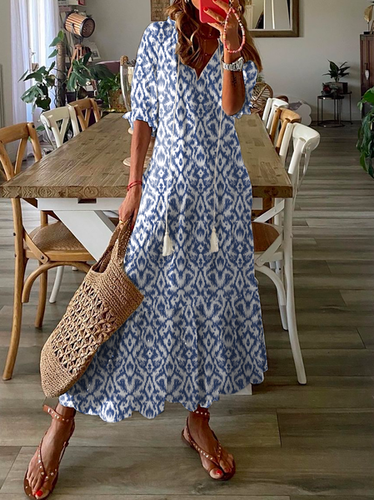 Casual V Neck Geometric Printed Dress - Just Fashion Now - Modalova