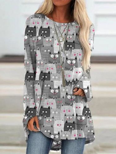 Cat Animal Crew Neck Casual Regular Fit Top - Just Fashion Now - Modalova