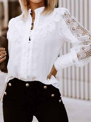 Loose Plain Shirt Collar Plain Patchwork lace Blouse - Modetalente - Modalova