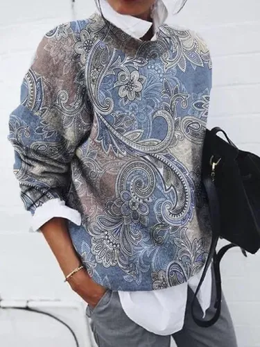 Casual Paisley Crew Neck Long Sleeve Loose Sweater - Modetalente - Modalova