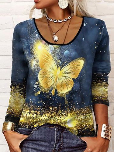 Long Sleeve Glitter Butterfly Loose T-Shirt - Just Fashion Now - Modalova