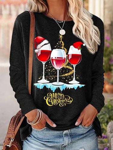 Women Wine Simple Christmas Crew Neck Top - Just Fashion Now - Modalova