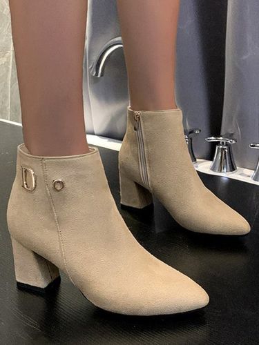 Side Zip Faux Suede Pointed Toe Chunky Heel Booties - Just Fashion Now UK - Modalova