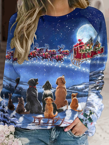 Womens Christmas Santa Dog Painting Crew Neck Sweatshirt - Just Fashion Now - Modalova