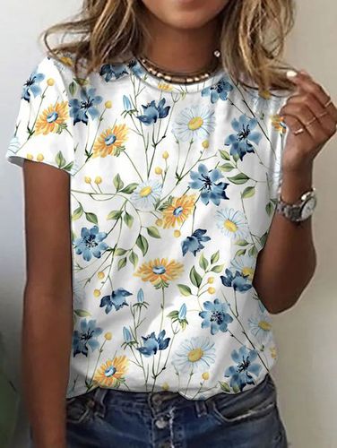 Floral Crew Neck Vacation Loosen Short Sleeve T-shirt - Just Fashion Now - Modalova