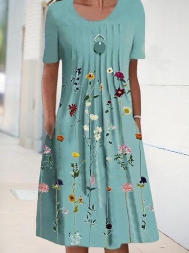 Floral Tunic Round Neckline Midi A-line Dress - Just Fashion Now - Modalova