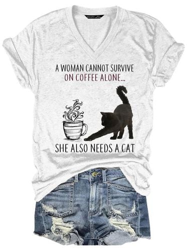 Funny Coffee And Cat Lover V Neck Casual Short Sleeve T-Shirt - Just Fashion Now - Modalova