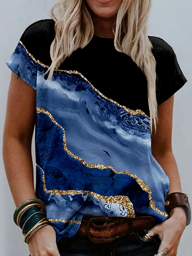 Cotton Blends Crew Neck Abstract Short Sleeve T-shirt - Just Fashion Now - Modalova