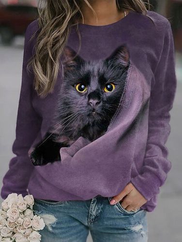 Cat Crew Neck Raglan Sleeve Casual Sweatshirt - Just Fashion Now - Modalova