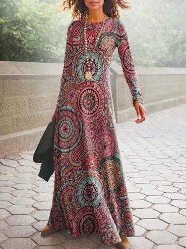 Ethnic Printed Long Sleeve Crew Neck Casual Dress - Modetalente - Modalova