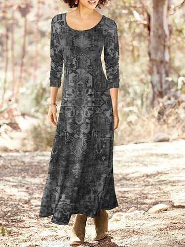 Jersey Ethnic Printed Crew Neck Long Dress - Modetalente - Modalova