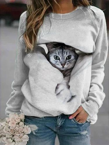 Casual Raglan Sleeve Crew Neck Cat Sweatshirt - Just Fashion Now - Modalova